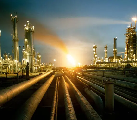 Refinery and pipelines at dusk